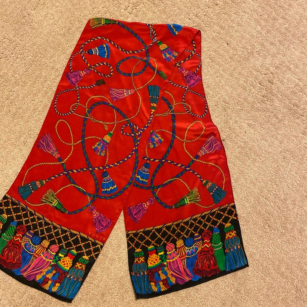 ECHO - Regal silky multi color tassel design rectangular scarf, Size: 11” x 56”